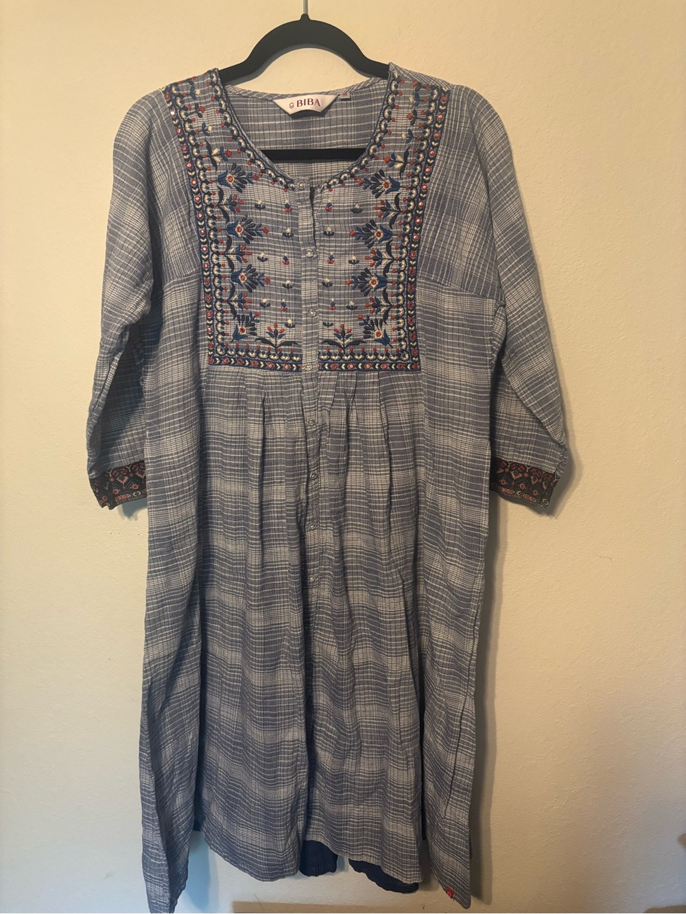 BIBA India Embroidered Kurti Dress Size 36 — Blue Checked, Floral Embroidery